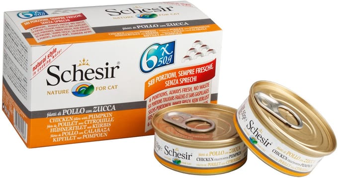 Schesir Kat Mp Blik Gekookt 6x50 g - Kattenvoer - Kipfilet&Pompoen