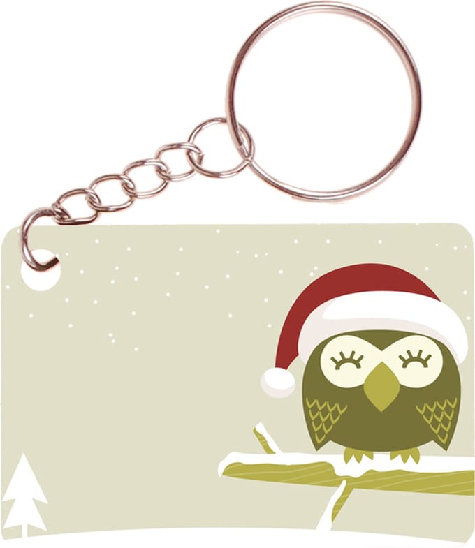 Sleutelhanger 6x4cm - Illustratie Uil Kerst met Sneeuw