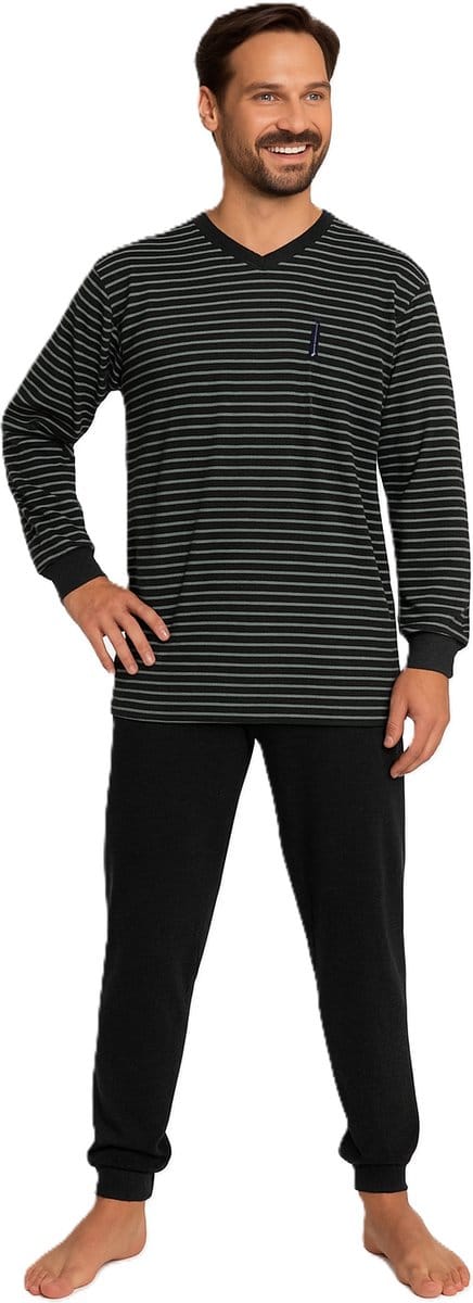 Outfitter - Heren pyjama lange mouw - donkergrijs gestreept - maat M
