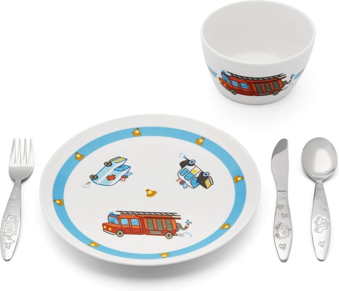 Zilverstad - Kinderservies Hulpdiensten 5-delig porselein/RVS (kinderbestek + servies)