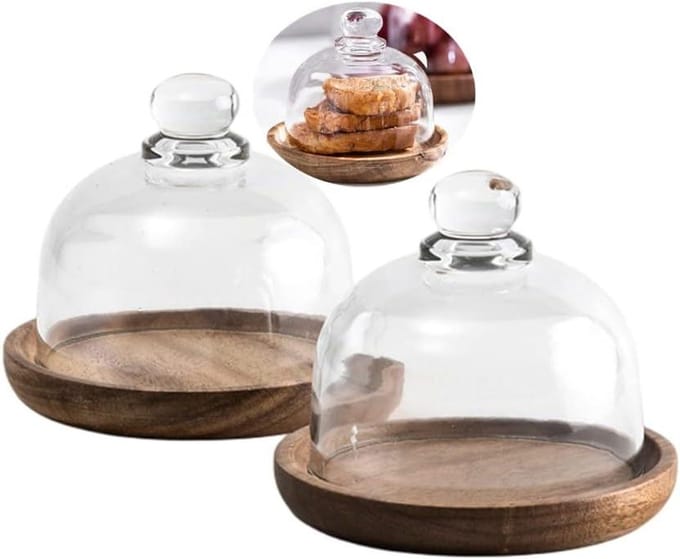 Mini-taartstandaard set met houten standaard en glazen koepel, cupcake displayplaat, taarthouder - 2 stuks