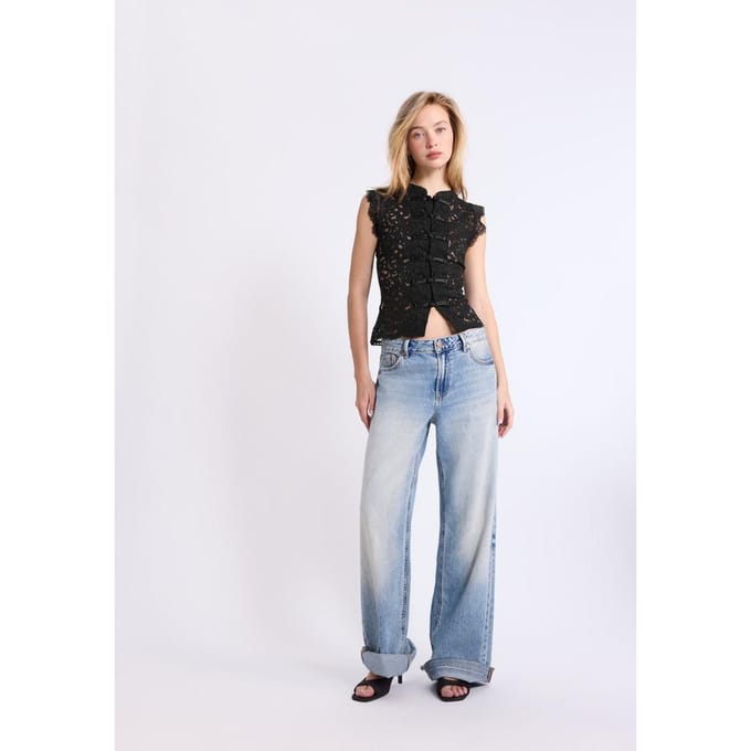 Stradivarius Kanten top met houtje-touwtjes  Zwart M