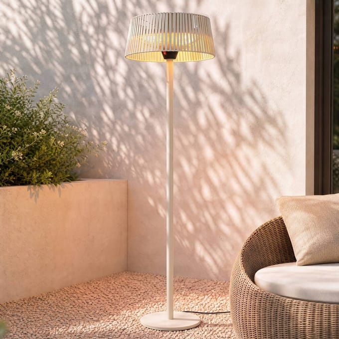 Lucande Pyravo staande terrasverwarmer, beige, 200 cm, aluminium, IP44