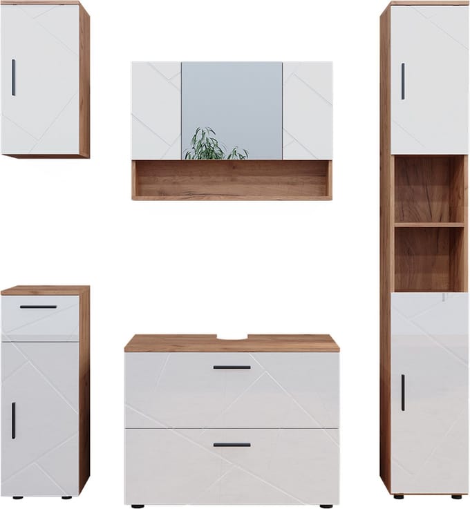 Vicco Badkamermeubelset Irma, Wit Hoogglans/Goudkleurig Eiken, 5-delig