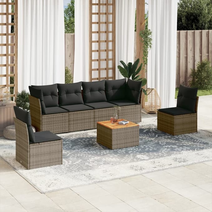 vidaXL - 7-delige - Loungeset - met - kussens - poly - rattan - grijs