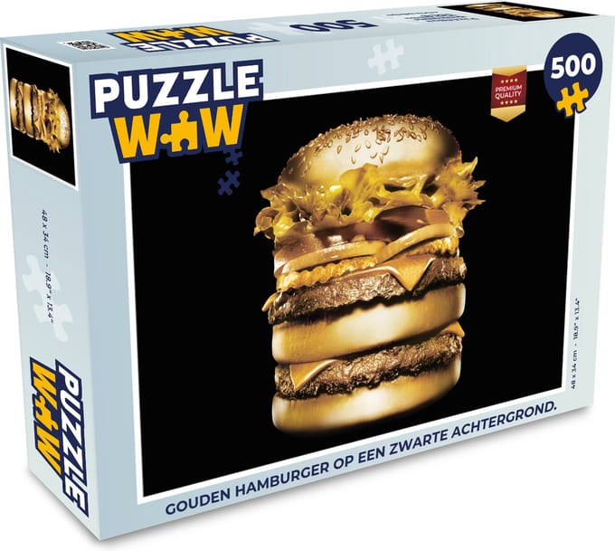 Puzzel Gouden hamburger op een zwarte achtergrond. - Legpuzzel - Puzzel 500 stukjes