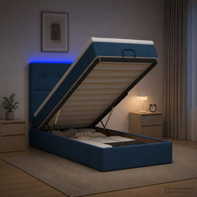 vidaXL - Ottomaanse - Bed - met - Matras - en - LED - Blauw - 90 - x - 200 - cm - Stof