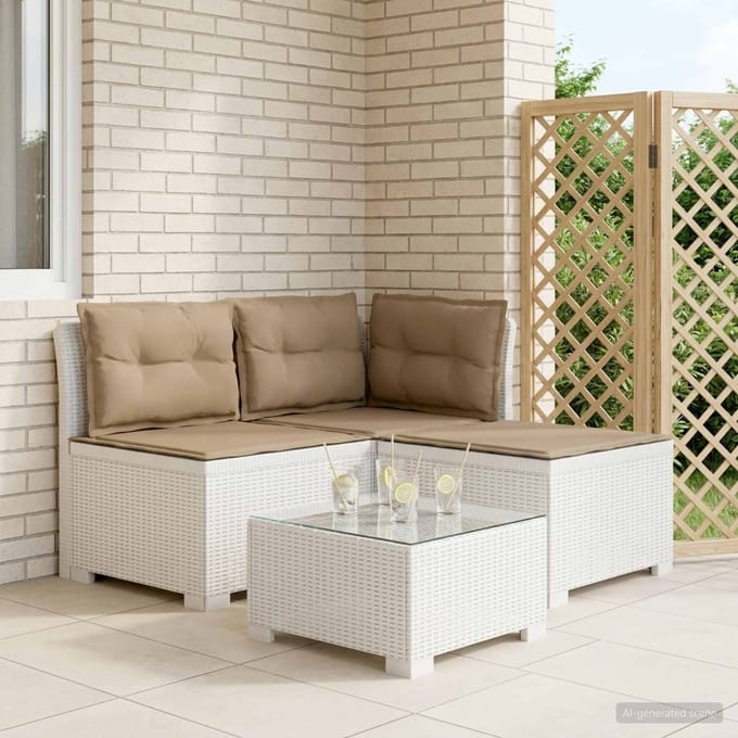 vidaXL - 3-Zits - Tu - bank - met - Kussens - Rattan - Look - 3-zits - PP - Wit