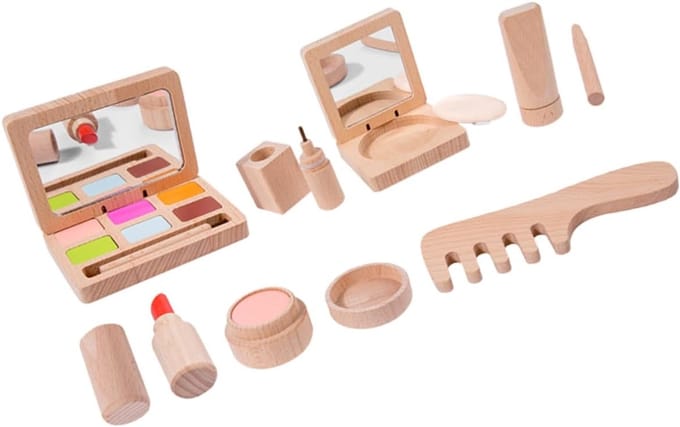 Houten Make-up Set - Kinderspeelgoed Salon - Doen Alsof Spel - Realistisch Ontwerp - 10.8X7.8CM - Lichtbruin