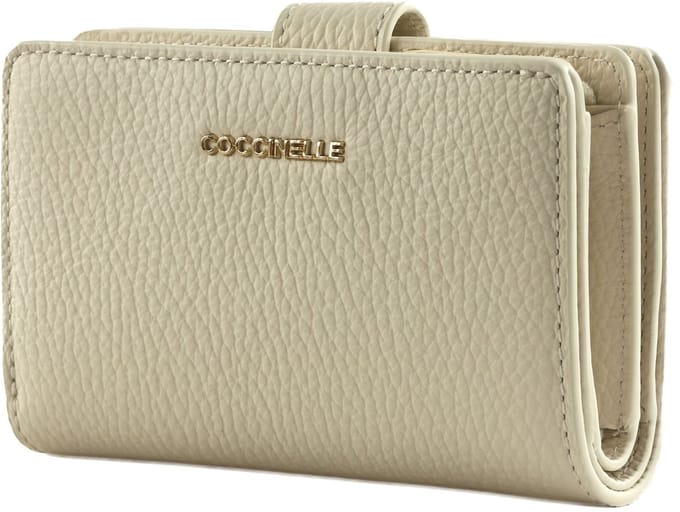 COCCINELLE Leren Portemonnee Metallic Soft Mini Wallet Grained Leather Blanco Wit