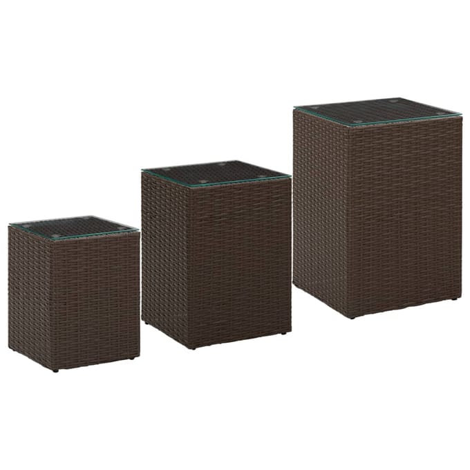 vidaXL - 3-delige - Bijzettafelset - met - glazen - blad - poly - rattan - bruin
