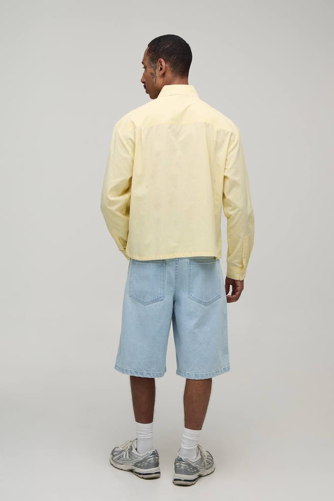 Oversized Boxy Shirt Met Asymmetrische Knoopsluiting En Streeppatroon | Yellow | Size Medium