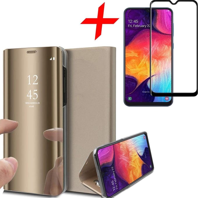 Hoesje geschikt voor Samsung Galaxy A30s - Screen Protector FullGuard - Book Case Spiegel Goud & Screenprotector