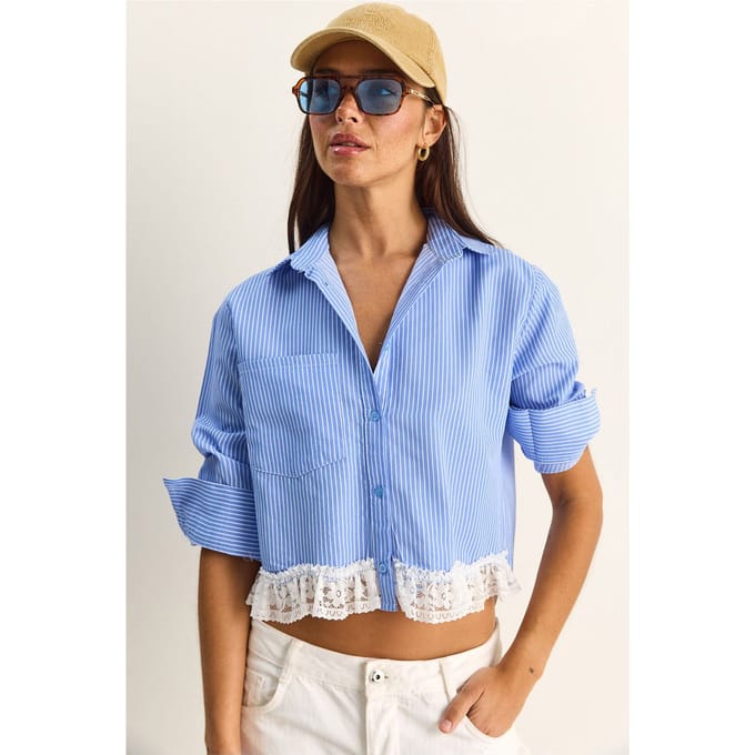 Gestreepte Korte Knop-Voorkant Shirt