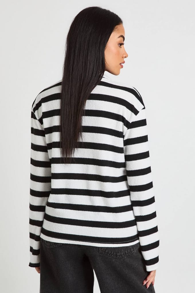 boohoo Dames Gestreepte Geborstelde Rib Rugby Top | Black/White | Maat: 6