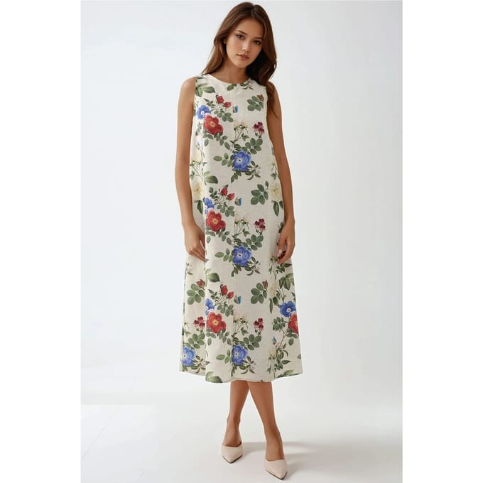 Linnen Voel Mouwloze Crew Neck Midi Jurk
