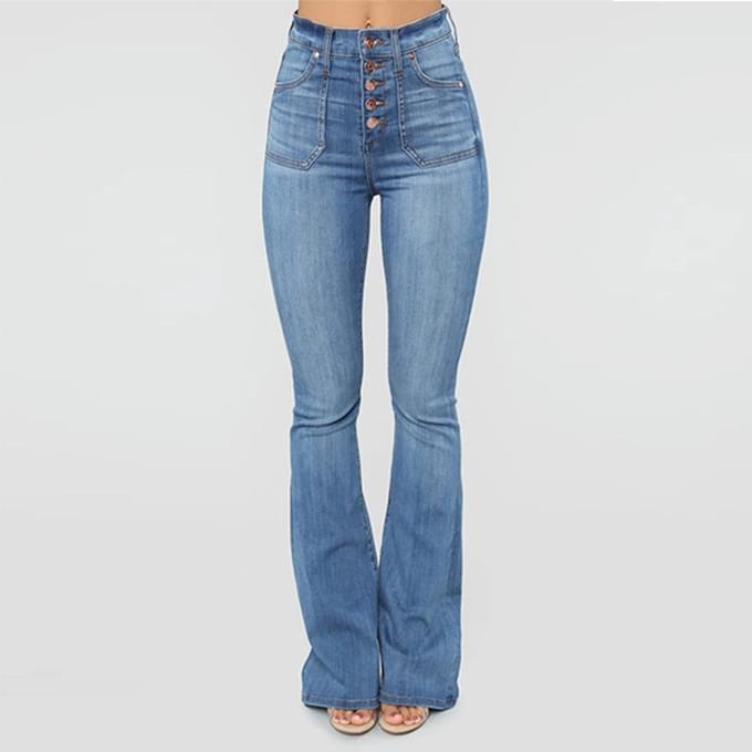 Dames Bell Bottom High Waist Fitted Denim Jeans XS