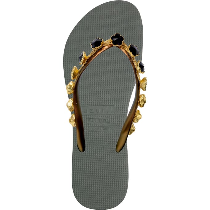 Zwarte bloemen teenslippers legergroen
