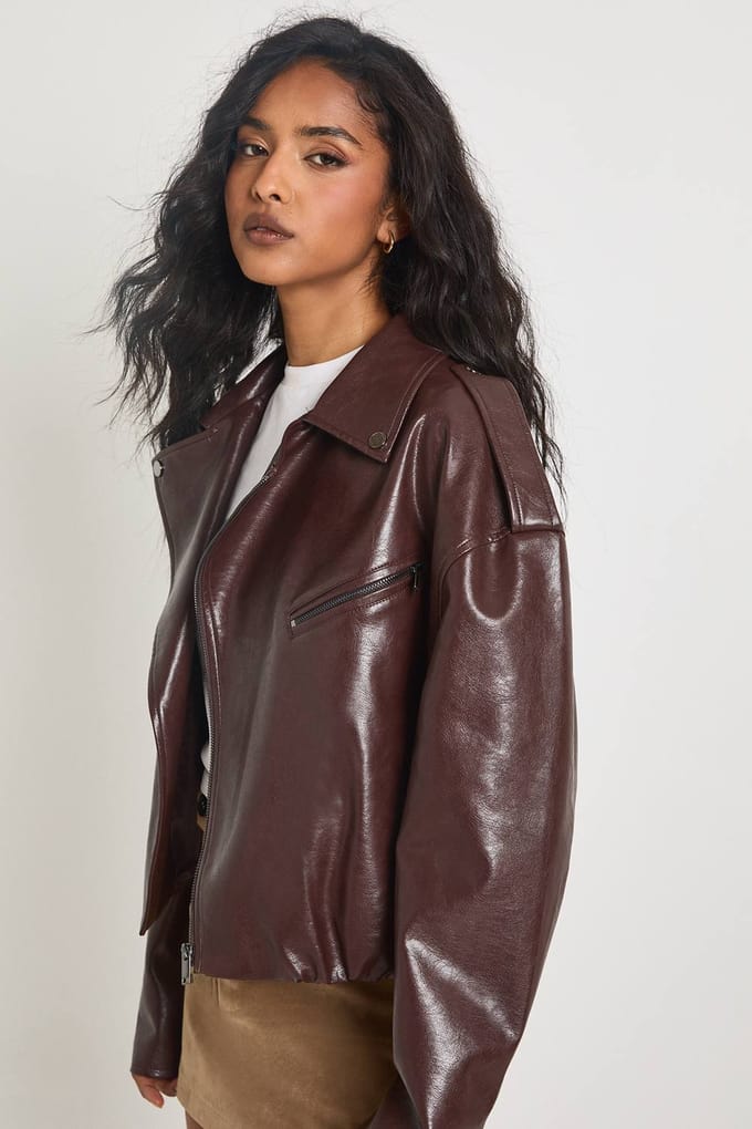 boohoo Dames Kunstleren Biker Jacket met Bubble Zoom | Bordeaux Rood | Maat: 36