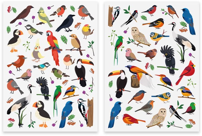 Stickers - Vogels Bos&Tropsich - 2 Vellen - Scrapbook Hobby DIY Stickervel - 1,3-7,5cm - 83 Stuks