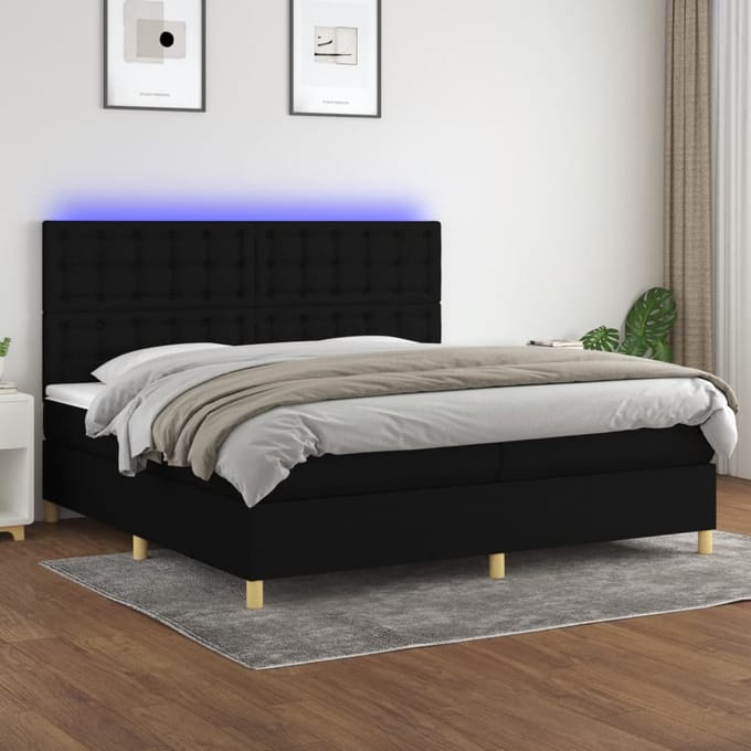 vidaXL - Boxspring - met - matras - en - LED - stof - zwart - 200x200 - cm