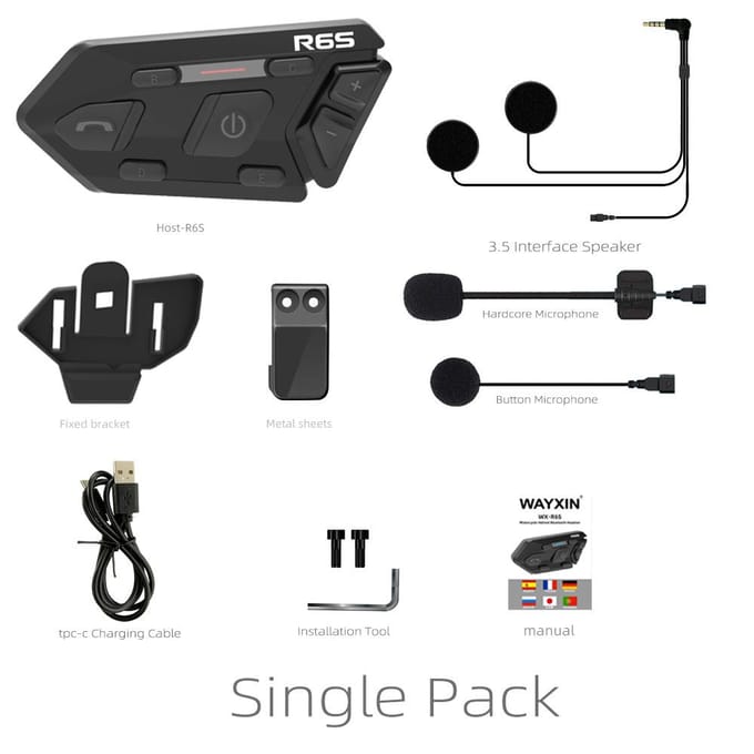 WAYXIN 1 STuks Motorhelm Intercoms 1200m BT Headset Draadloze Interfoon Waterdicht Ondersteuning 1PC zwart