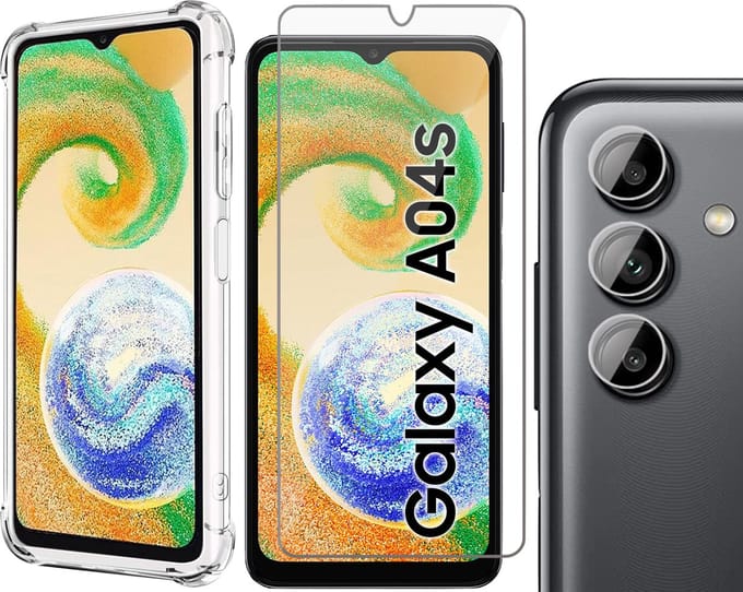 Hoesje geschikt voor Samsung Galaxy A04s / A13 5G - Screenprotector GlassGuard & Camera Lens Screen Protector - Back Cover Case ShockGuard Transparant