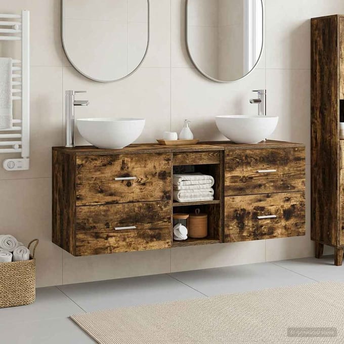 vidaXL - Badkamerkast - set - 3 - st - Gerookt - eiken - 129 - x - 35 - x - 80 - cm