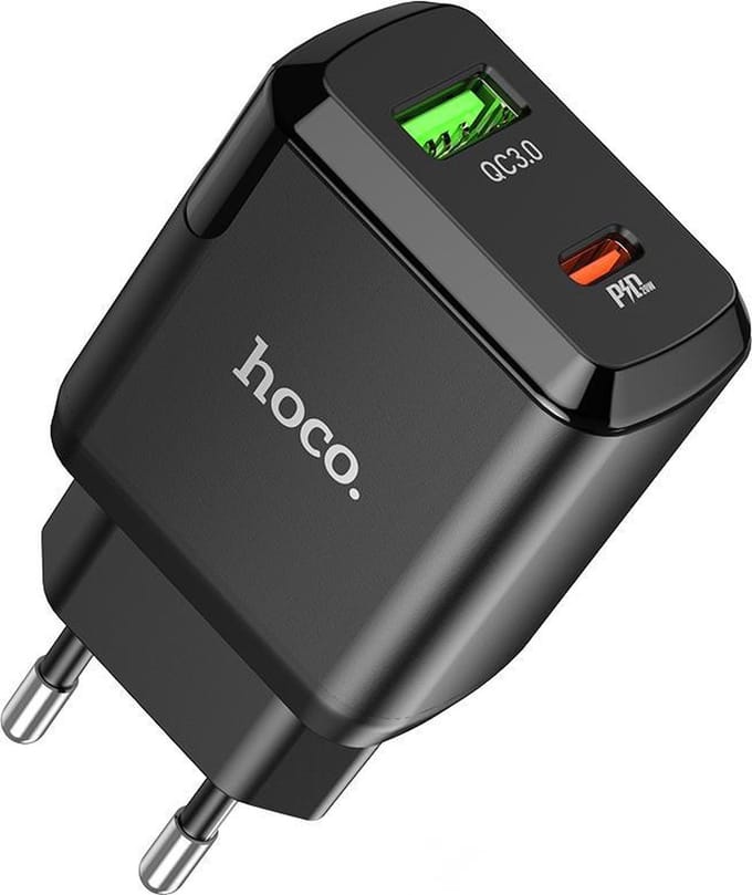 HOCO N5 Favor - 2-Poort Oplader PD 20W + QC3.0 - EU Plug - Snellader - Voor Apple iPhone en Android - Zwart