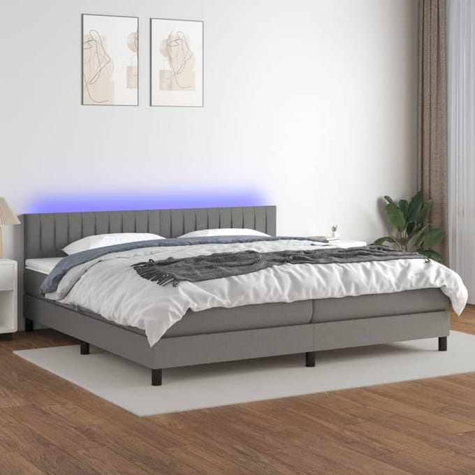 vidaXL - Boxspring - met - matras - en - LED - stof - donkergrijs - 200x200 - cm