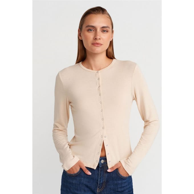 Geribde Ronde Hals Knopen Cardigan