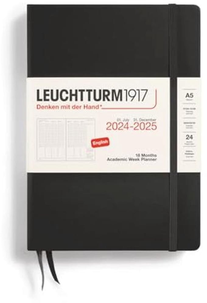 Academische Weekplanner Medium A5 2025 - 18 Maanden - Hardcover - Zwart - Engels