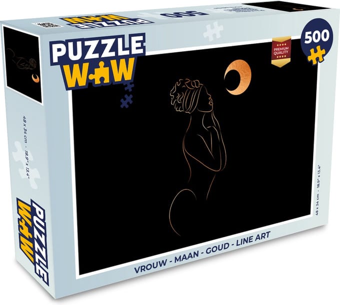 Puzzel Vrouw - Maan - Goud - Line art - Legpuzzel - Puzzel 500 stukjes
