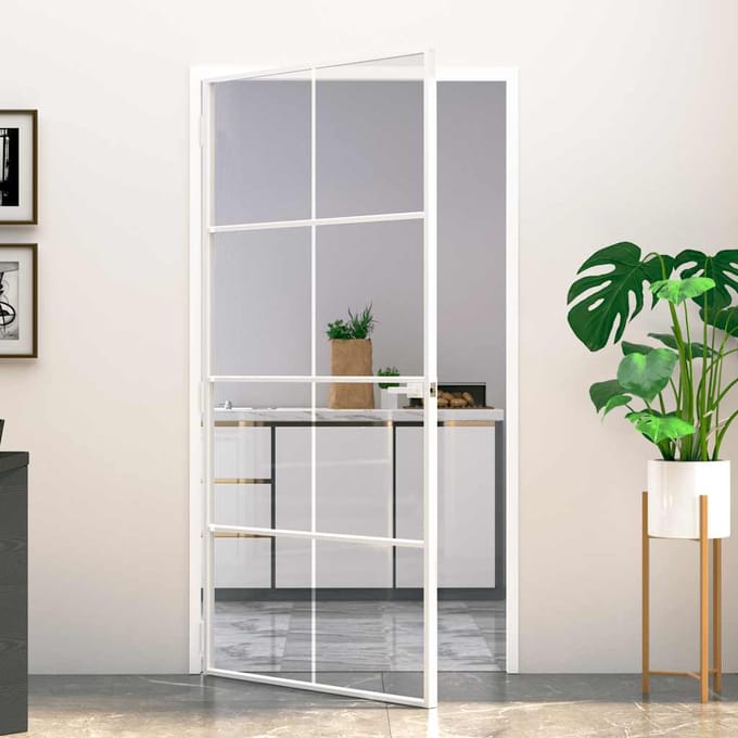 vidaXL - Binnendeur - 102x201,5 - cm - gehard - glas - en - aluminium - smal - wit