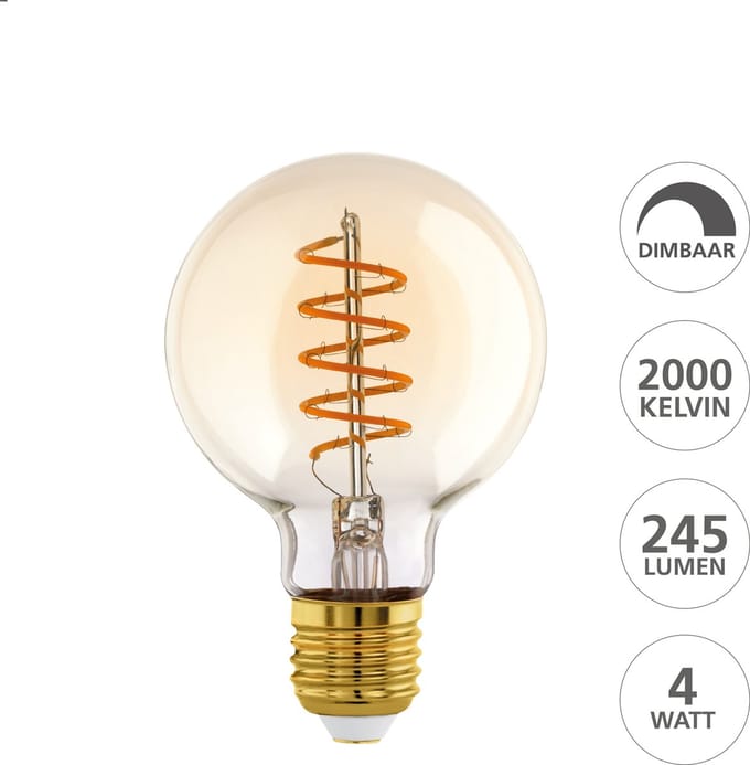 EGLO LED Lamp - E27 - Ø 8 cm - G80 - Amber - 2000K - Dimbaar