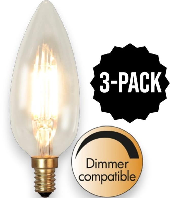3-Pack | Kaarslamp - E14 - 3W - Super Warm Wit <2200K - Dimbaar - Filament - Helder