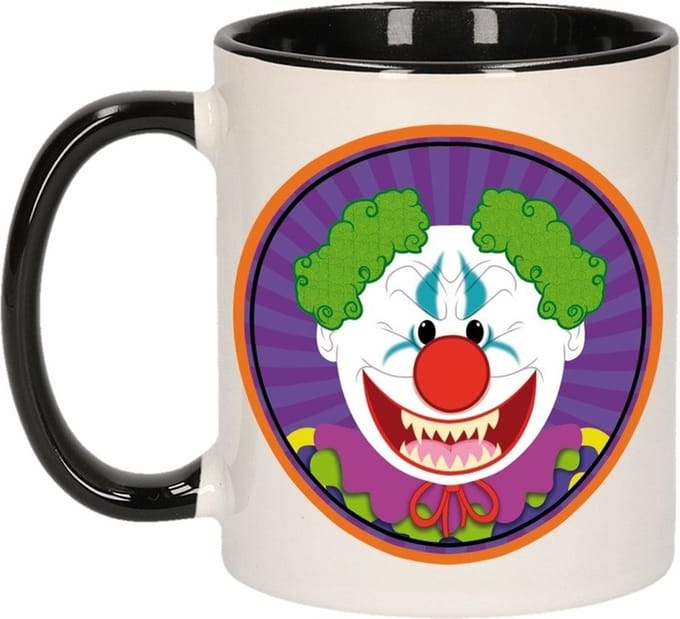 Bellatio Decorations Halloween horror clown mok - keramiek - 300 ml - magnetronbestendig - zwart/wit