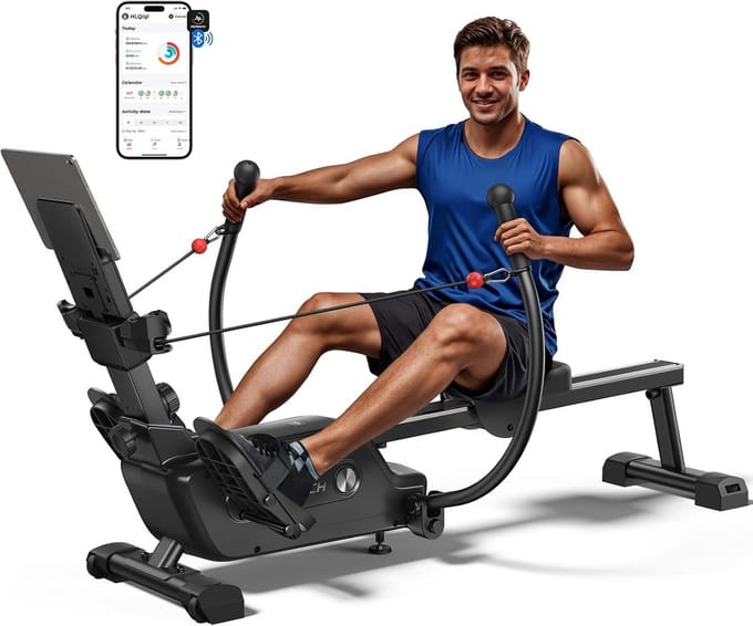 Roeitoestel voor thuis - Dubbele peddel - Full body training - Interactieve workouts - 104x45x44 CM - Zwart