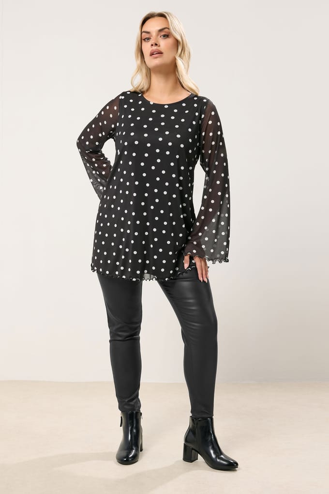 Yours Zwarte Polka Dot Mesh Swing Top Size 50-52