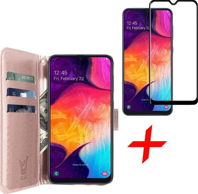 Hoesje geschikt voor Samsung Galaxy A30s - Screen Protector FullGuard - Book Case Kunstleer Pasjeshouder Rosegoud & Screenprotector