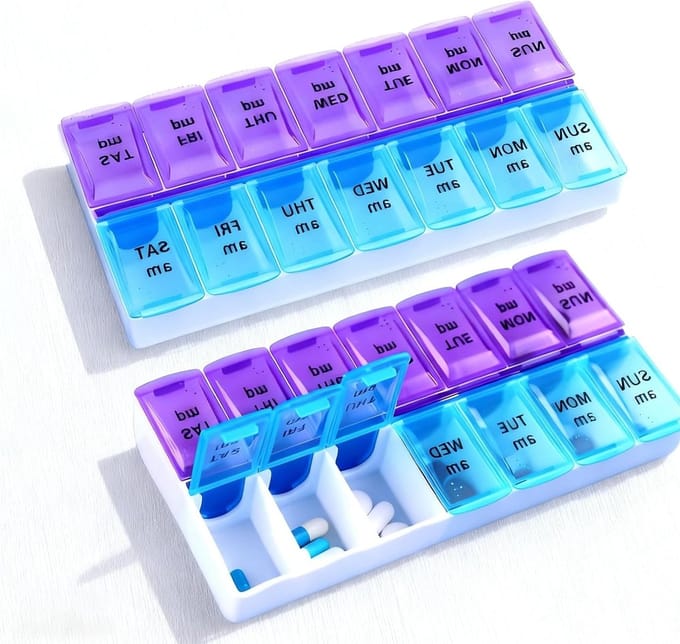 Tablet Box voor 14 Dagen - 2 Compartimenten met Ochtend en Middag Herinnering voor Vitamines, Pillen en Visolie