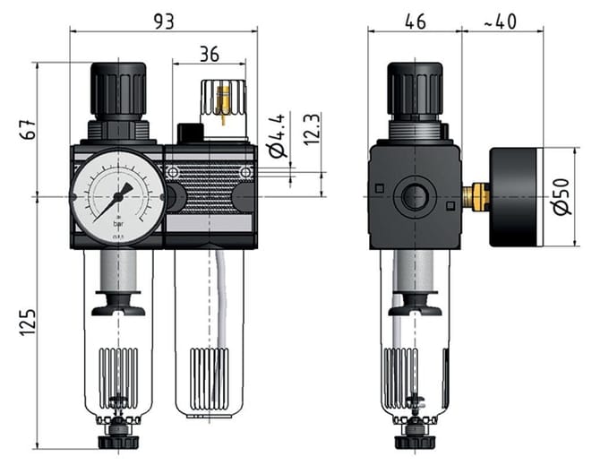FRL 2-Delig G3/8'' 1200l/min 0.5-16.0bar/7-232psi Halfautomatisch Metalen Multifix 1