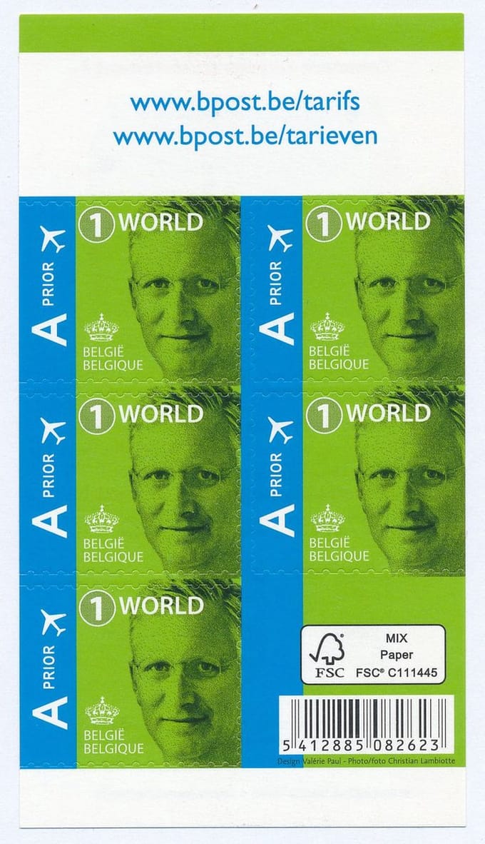Bpost - 5 postzegels tarief 1 - Verzending Wereld - Koning Filip