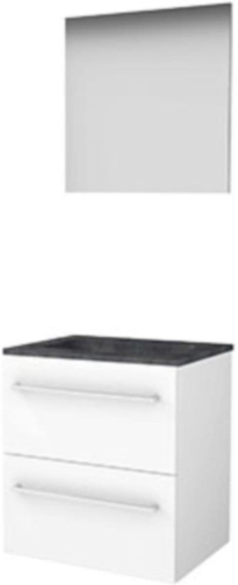 Basic-Line Basic 46 Badkamermeubelset - 60 x 46 cm - Met Grepen - 2 Lades - Hardstenen Wastafel - Zonder Kraangat - Spiegel - Ice White