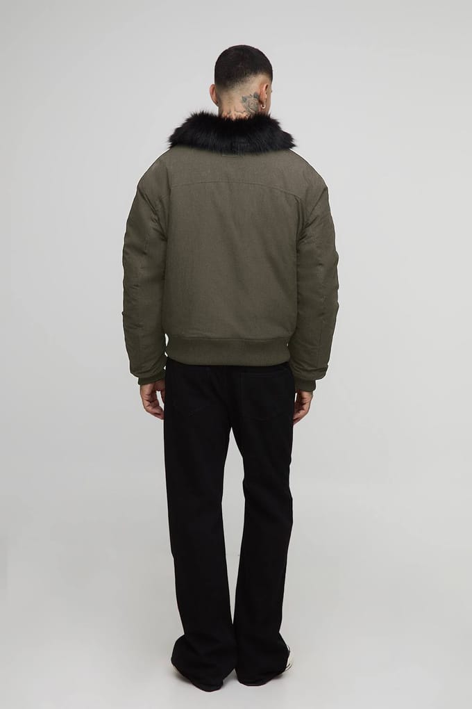 Tall Faux Fur Collar Regular Fit Bomber Jacket | Khaki | Size Medium