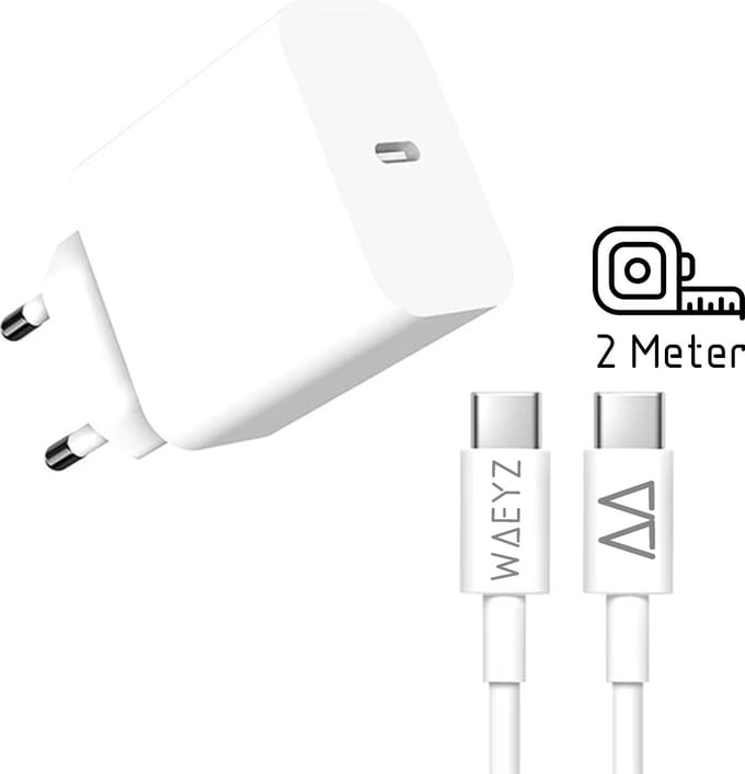 USB-C Adapter Snellader + 2 meter Extra Stevige USB-C Naar USB-C kabel - PD Snellader - Universeel USB C Lader Fast Charger / Chargeur Rapide SET