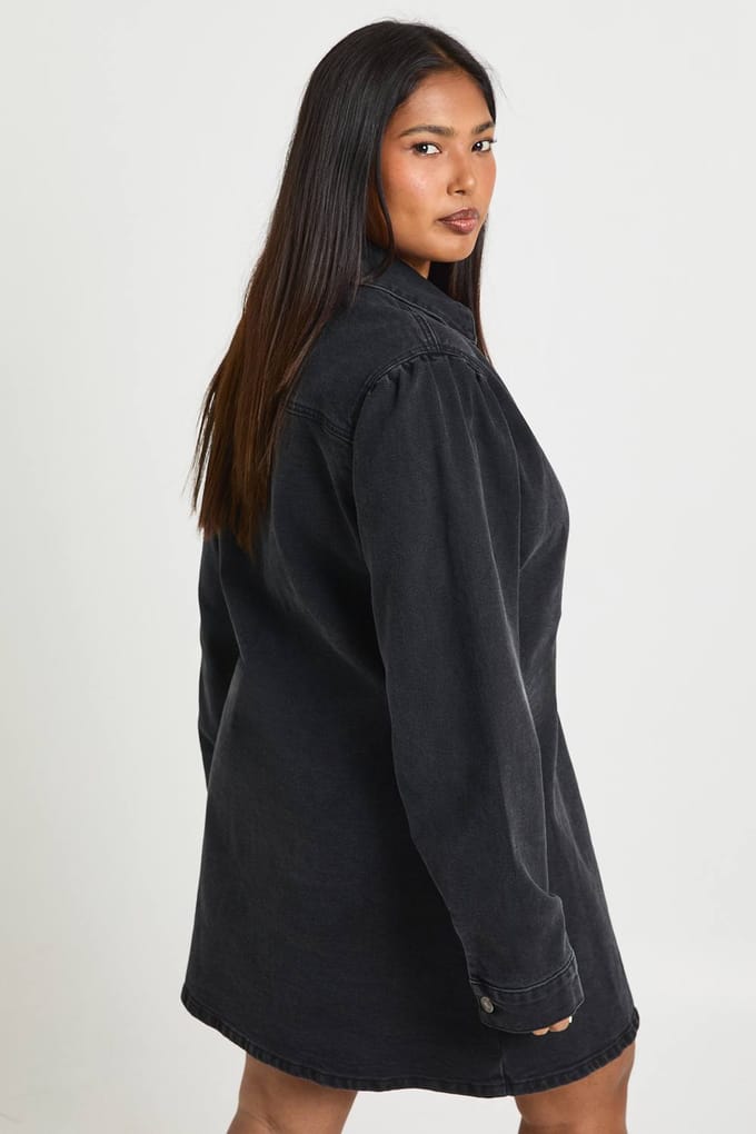 boohoo Dames Plus Denim Wikkel Jurk | Washed Black | Maat: 44