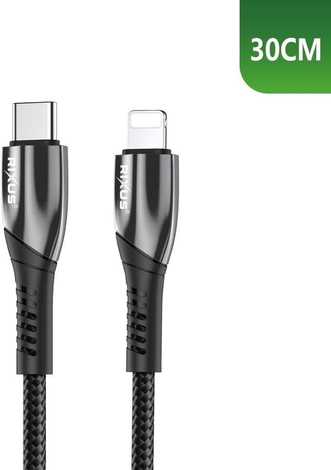 Rixus RXUC37L Fast Charging Cable USB-C To Lightning Nylon 30cm Black