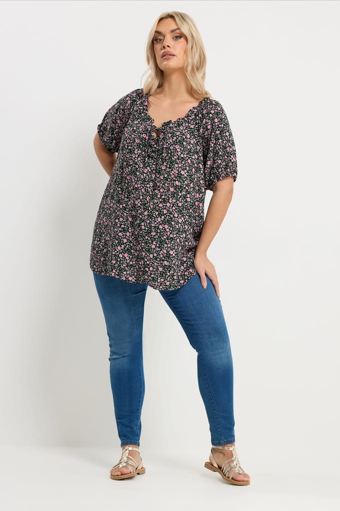 Yours Roze Getextureerde Top Met Fijne Bloemenprint Size 44