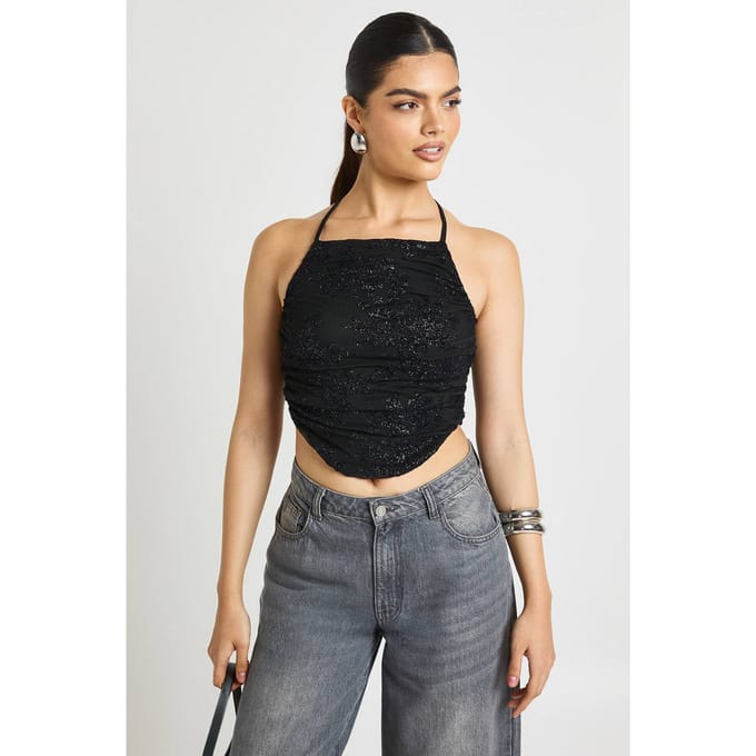 boohoo Dames Glitter Mesh Geplooid Halterneck Top | Black | Maat: 14